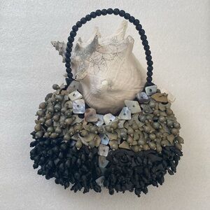Pretty Pacific Island, coconut shell, mother of pearl, beaded handbag by Pele